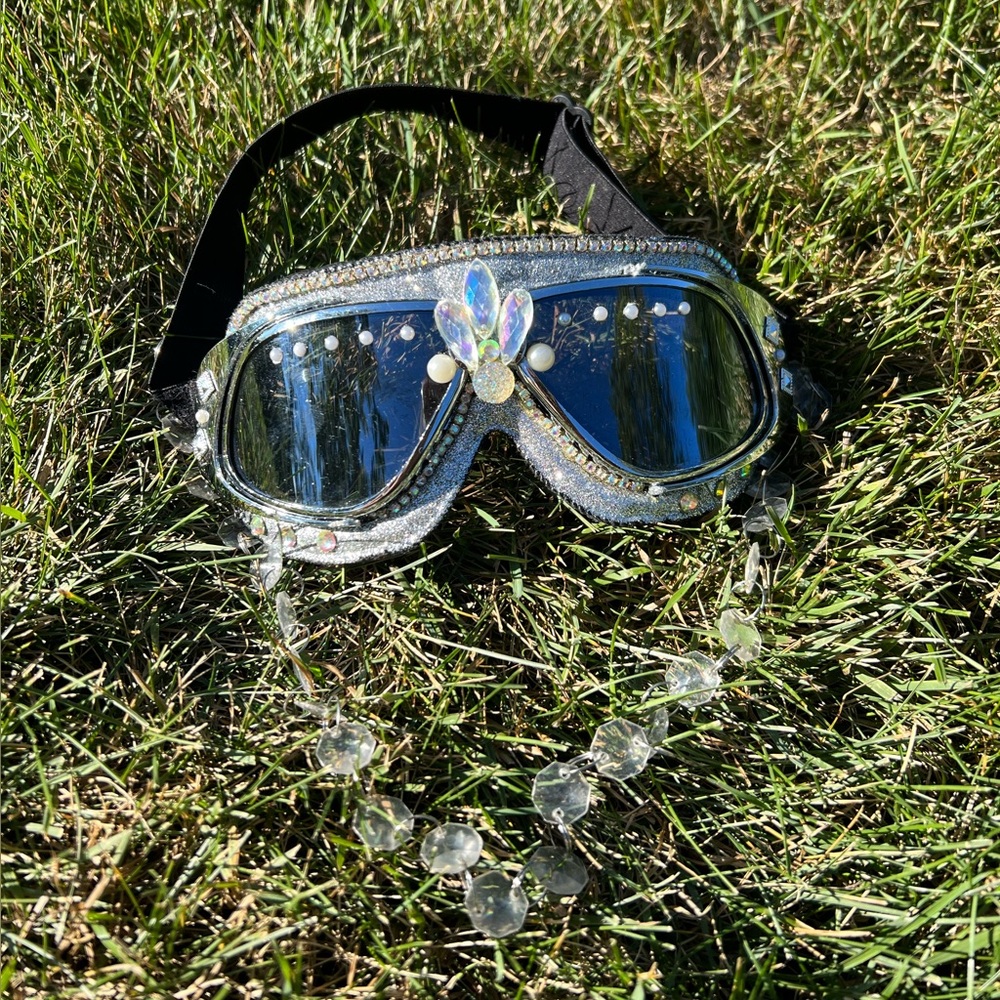 Handmade Silver Diamond Sparkly Rave Goggles Burning Man Ski Goggles